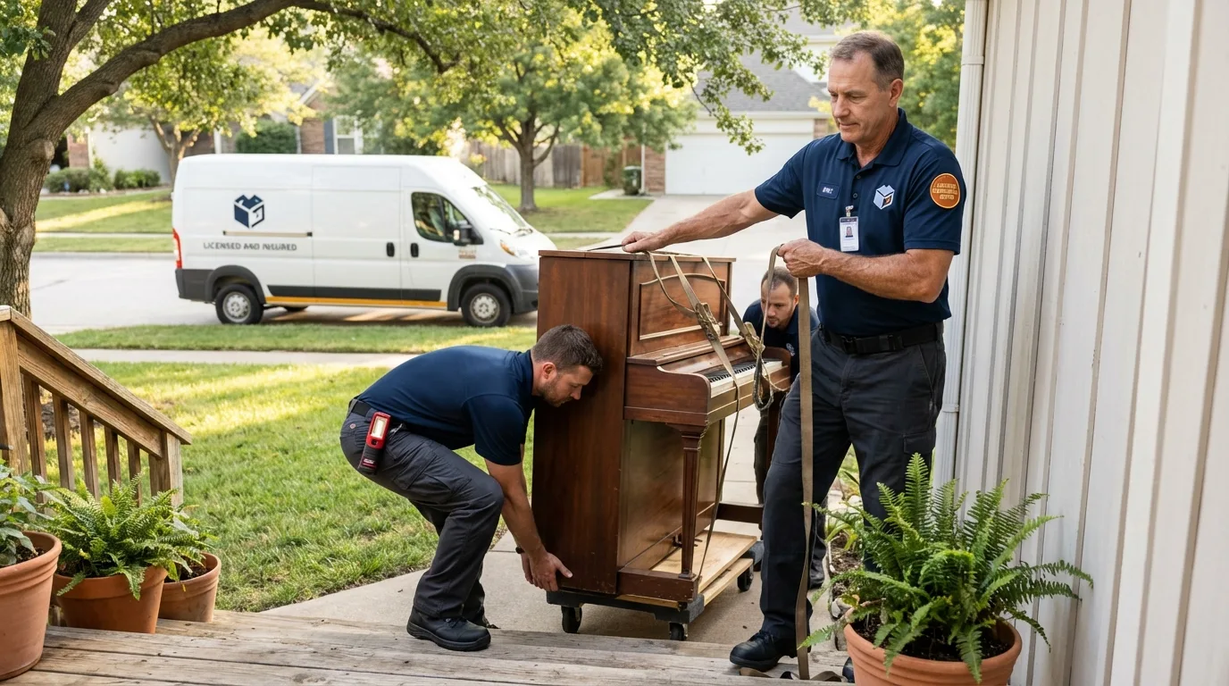 Licensed piano movers securing grand piano in Onancock, VA